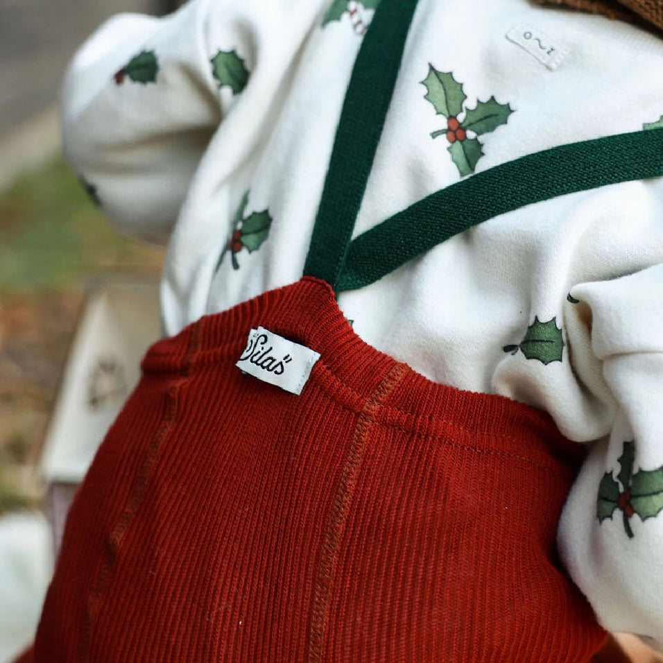 Silly Silas Festive Tights with Braces (Maple Leaf + Dark Forest Green)